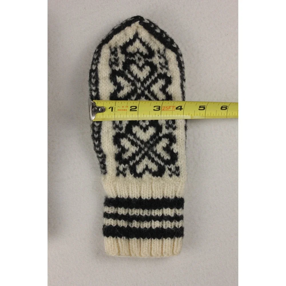 Wool Blend Knit Mittens Womens One Size Black Ivory Fair Isle Nordic Winter